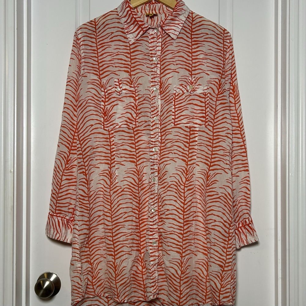 Roberta Roller Rabbit 100% Cotton Orange White Zebra Print Tunic Button Up Shirt